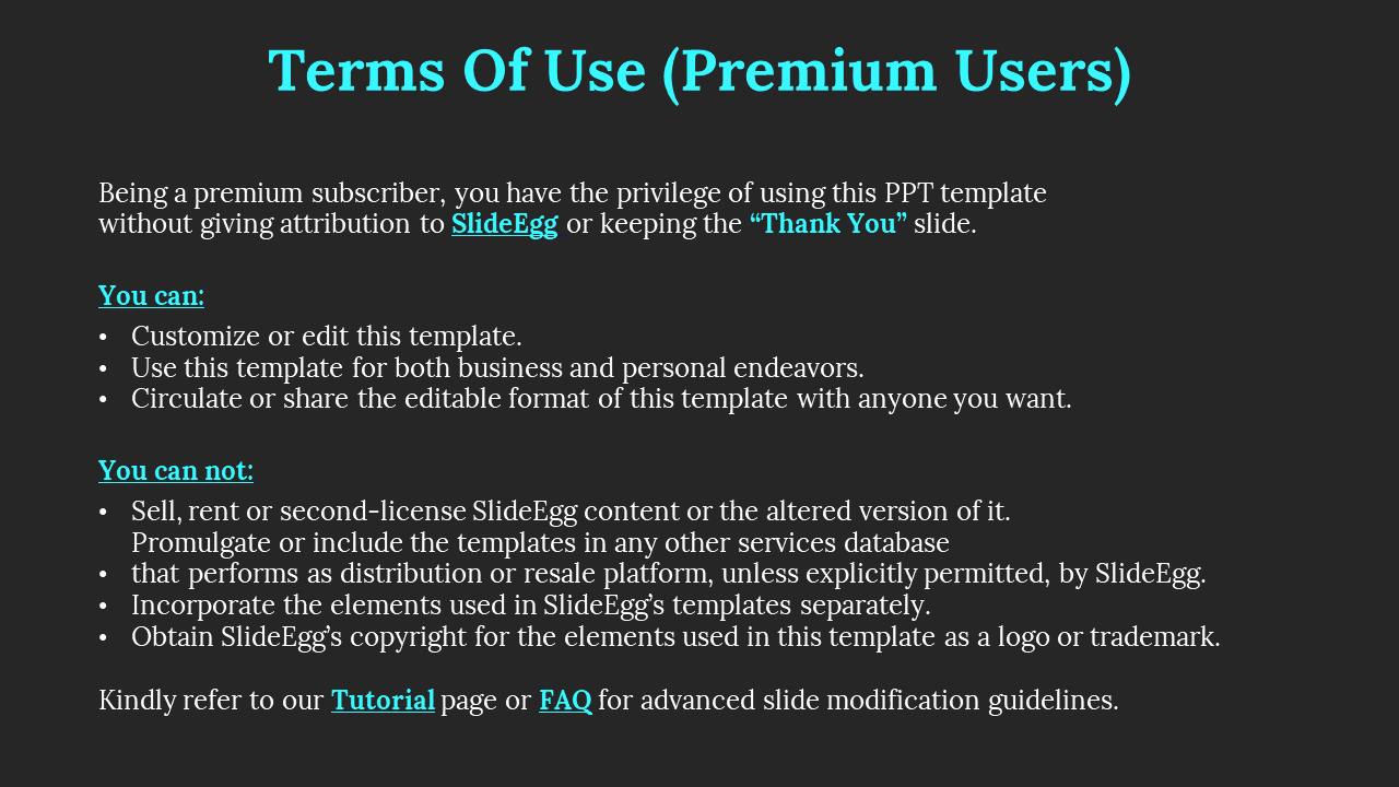 Premium user guidelines for using SlideEgg templates, explaining the freedom to edit on a black backdrop.