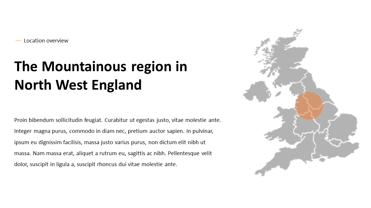Location slide featuring a gray UK map with an orange circle over North West England, and a description on the left.