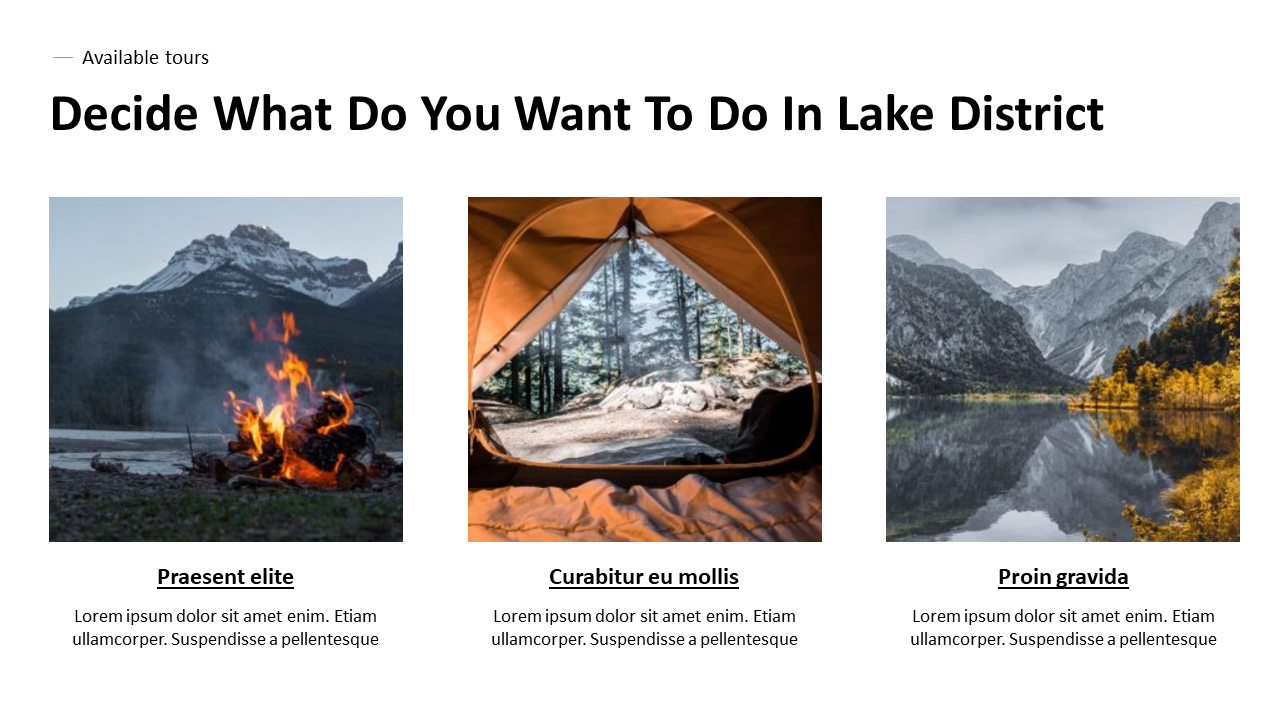 Slide showing three images for Lake District tours campfire by mountains, tent view of forest, and lake surrounded by peaks.