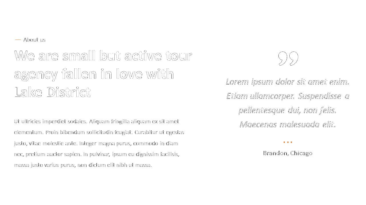 About us slide showing tour agency description on left and a customer testimonial quote from Brandon, Chicago on right.