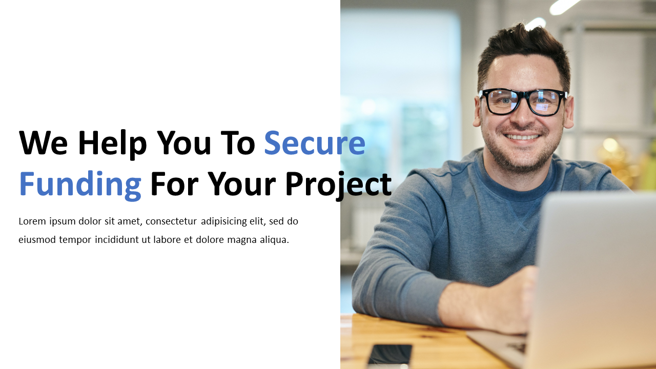 Professional man in blue sweater and glasses smiling at laptop, with text about securing funding displayed beside him.