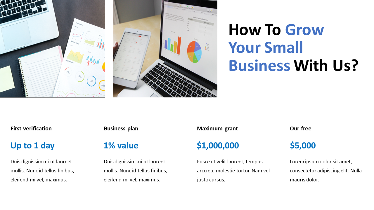 Business charts and laptop visuals above, with grow your small business headline and four blue highlighted service features.