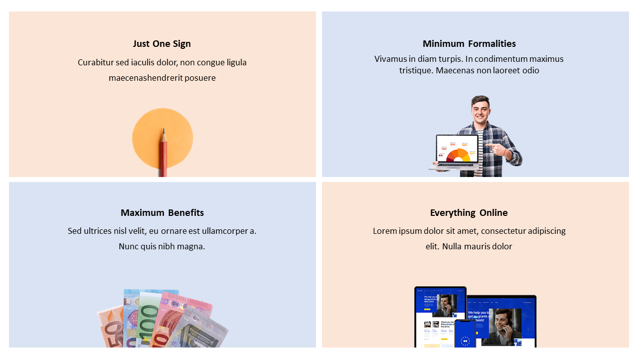 Two peach and two blue panels featuring a pencil, businessman with laptop, Euro cash, and multiple digital device screens.