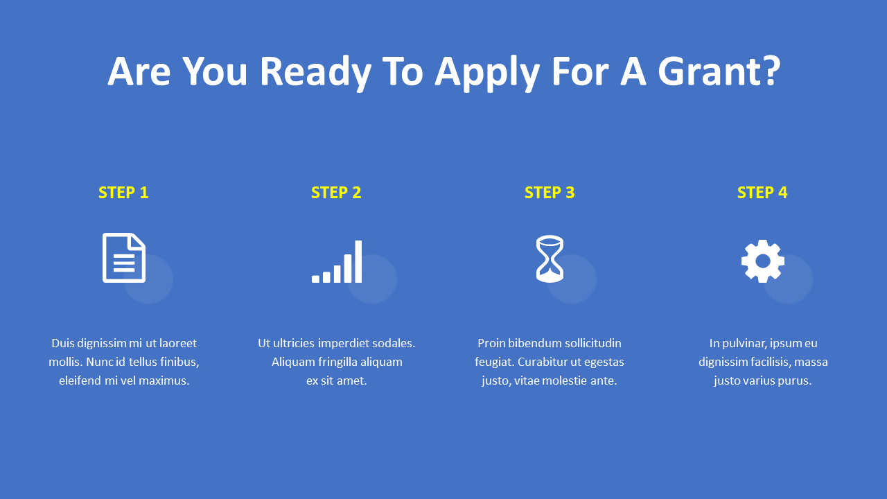 Four step grant application process shown with icons for document, chart, hourglass, and gear on a blue background.