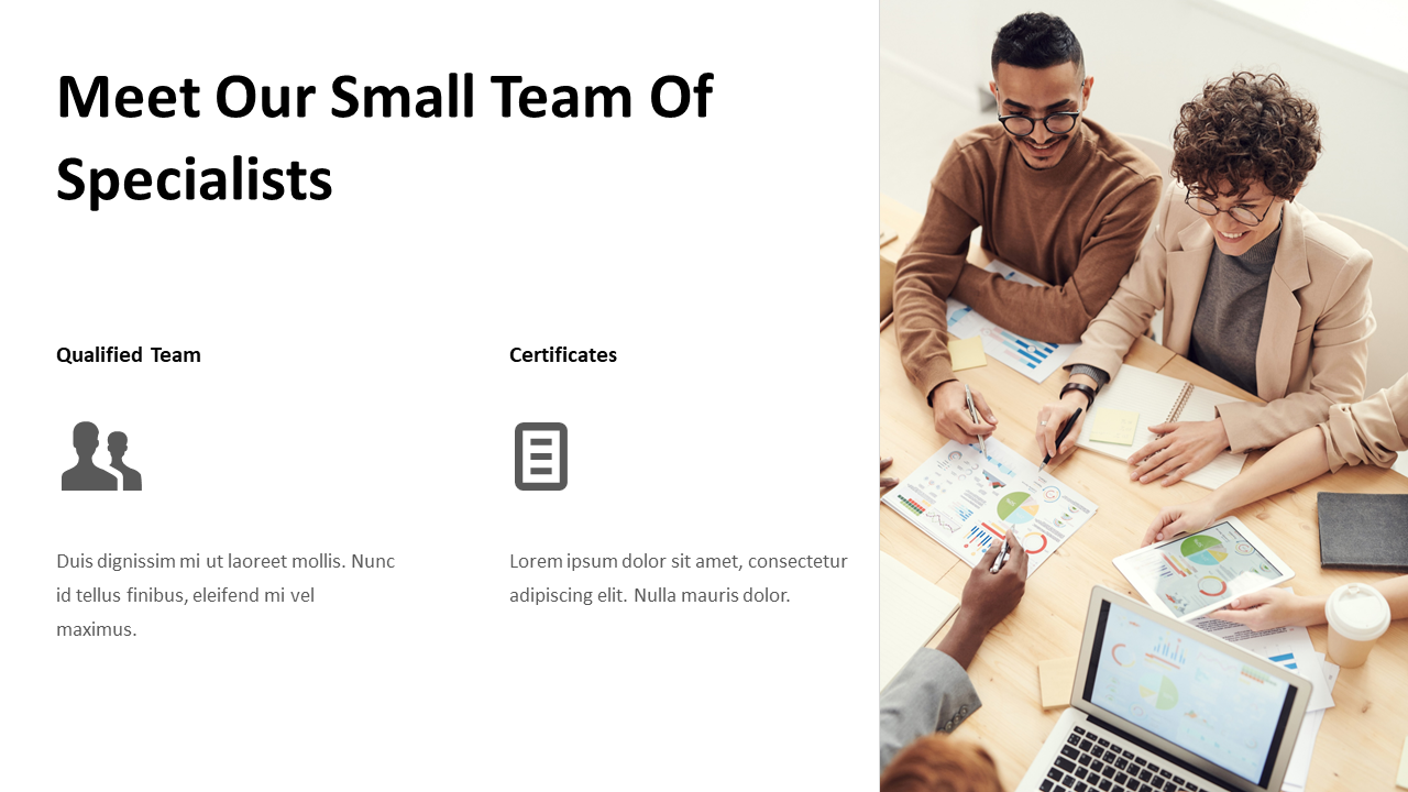 Professional team collaborating around charts and laptops, beside icons representing a team and certification details.