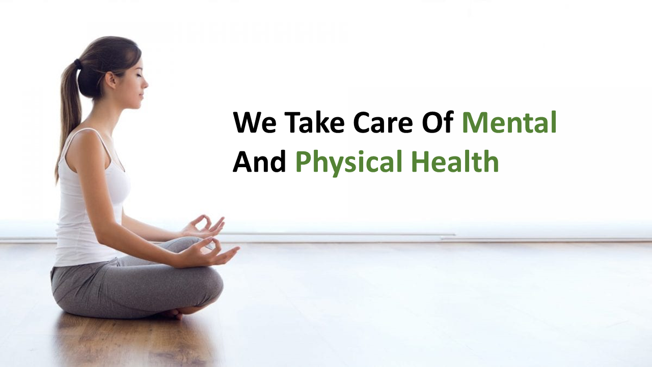 Side view of a woman in yoga pose on a light floor, next to a message about caring for mental and physical health.