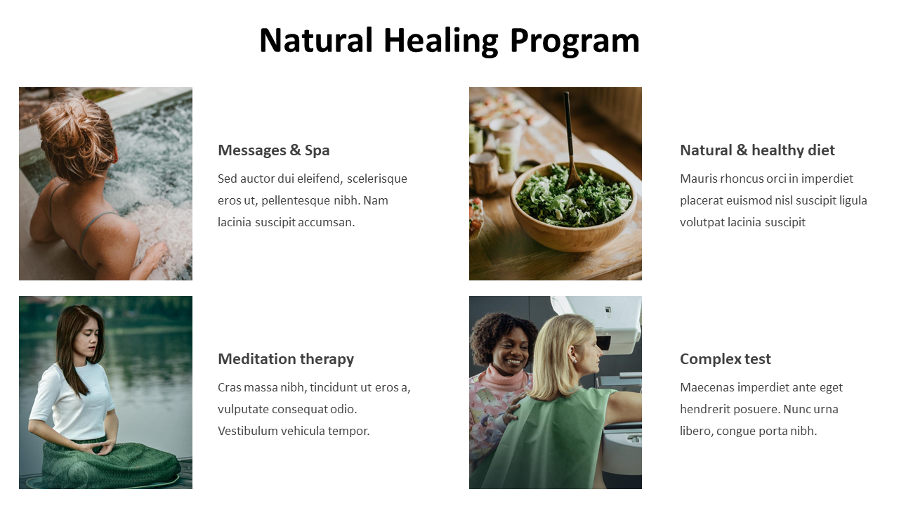 Four sections featuring spa treatment, healthy food, meditation practice, and health checkup for a natural healing program.