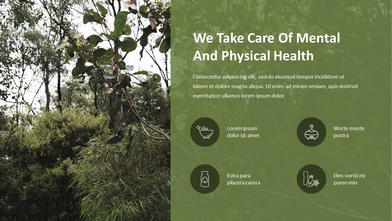 Slide split between forest scenery and a green section with mental and physical health text, icons, and brief descriptions.
