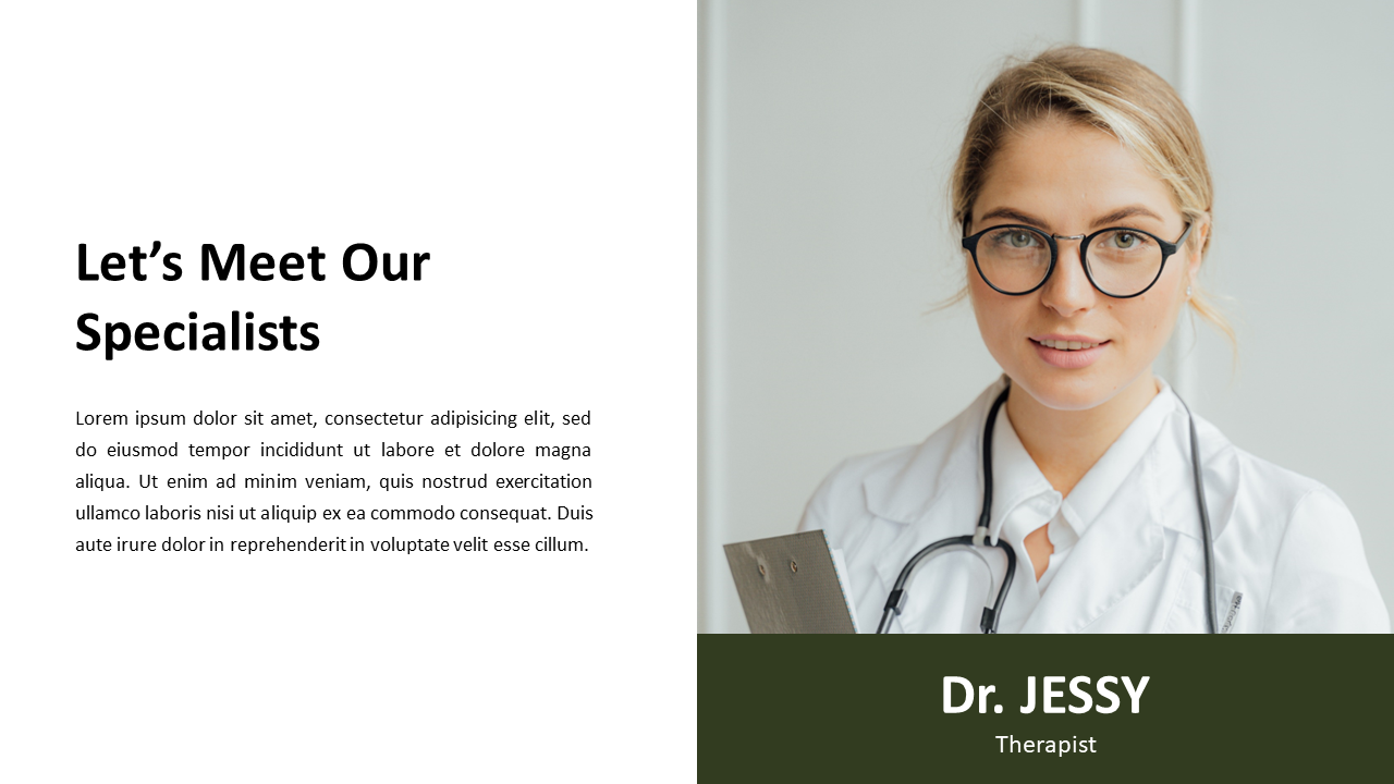 Profile slide with a photo of Dr. Jessy, therapist, on the right, and a heading with description on left.
