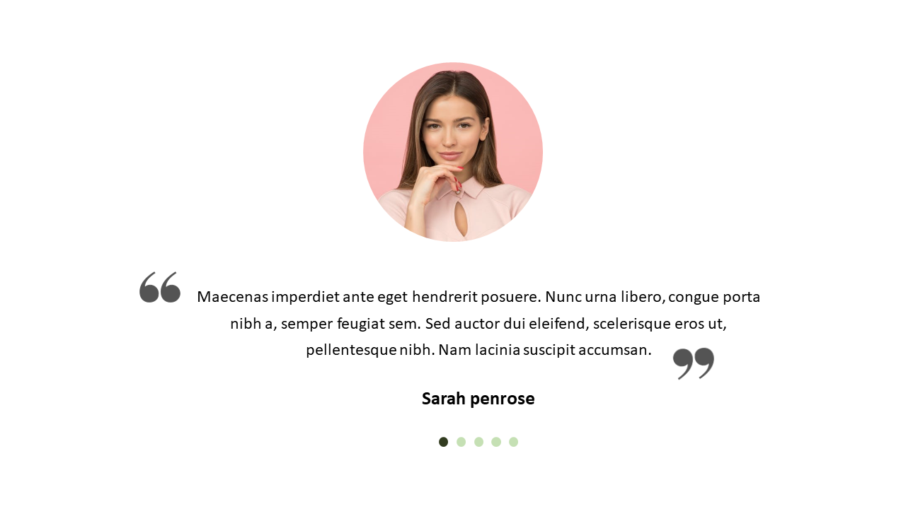 Centered testimonial featuring Sarah Penrose's photo, a customer quote, and five navigation dots below.