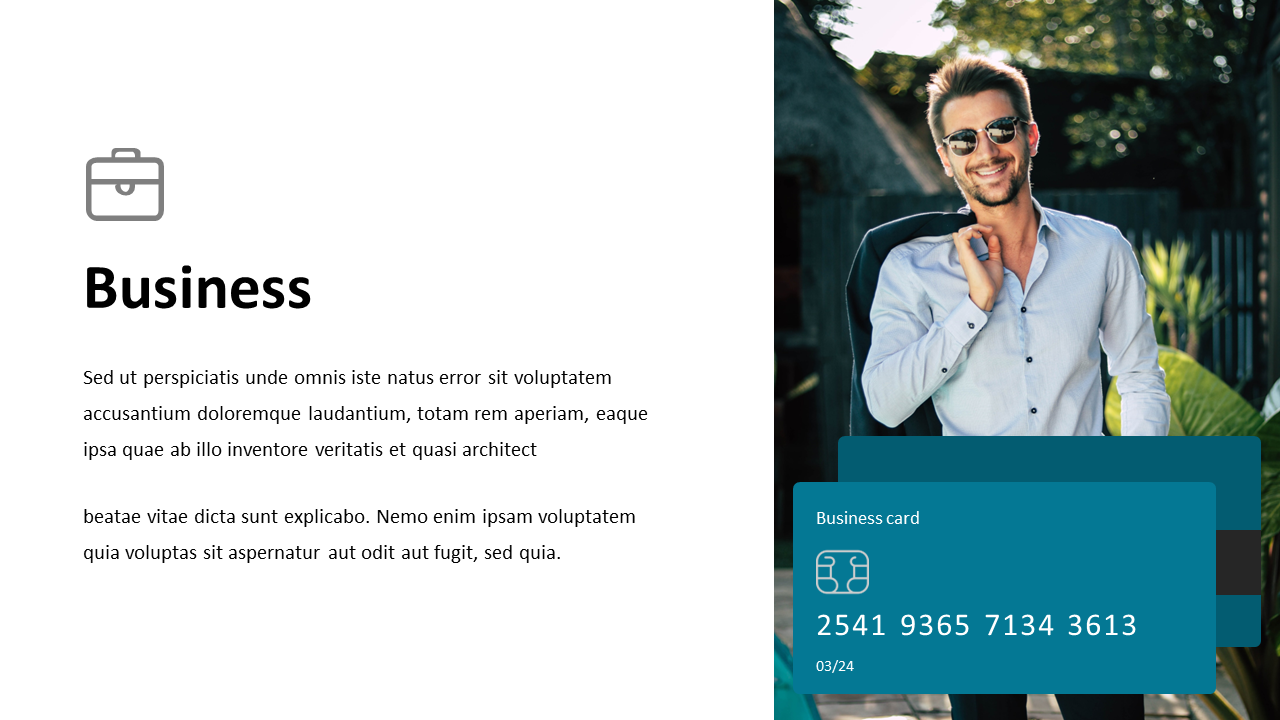 Slide featuring business introduction text, a man outdoors in business attire, and two credit cards at the bottom right.