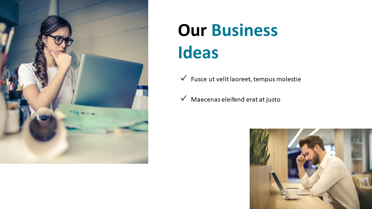Business ideas slide featuring checklist points and photos of a woman and a man focused on laptops in different workspaces.
