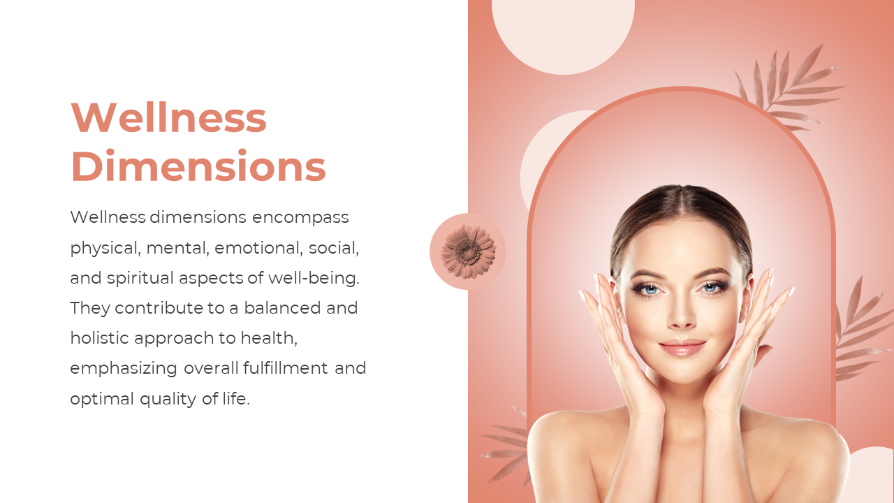 Wellness Dimensions slide featuring a smiling woman with hands on face, floral accent, and a text block about wellness areas.
