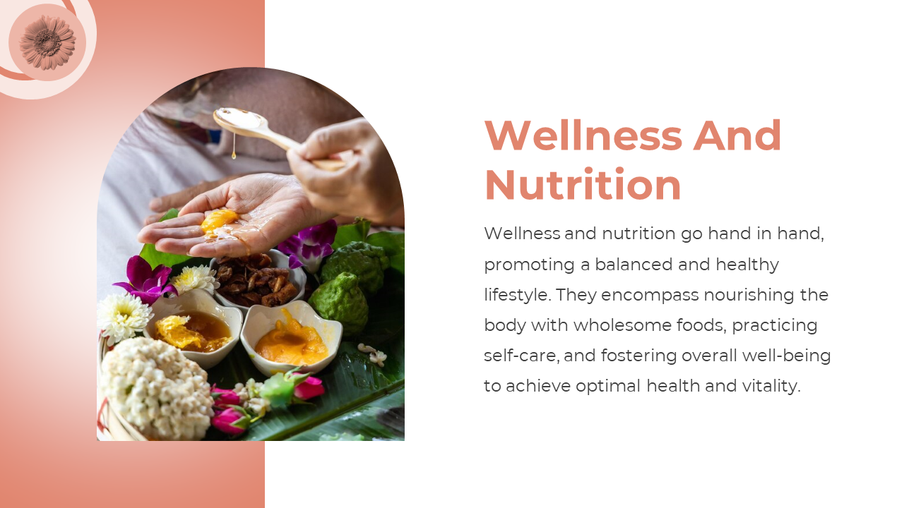 Presentation slide with a wellness text description and a image of natural ingredients and hands preparing nourishment.