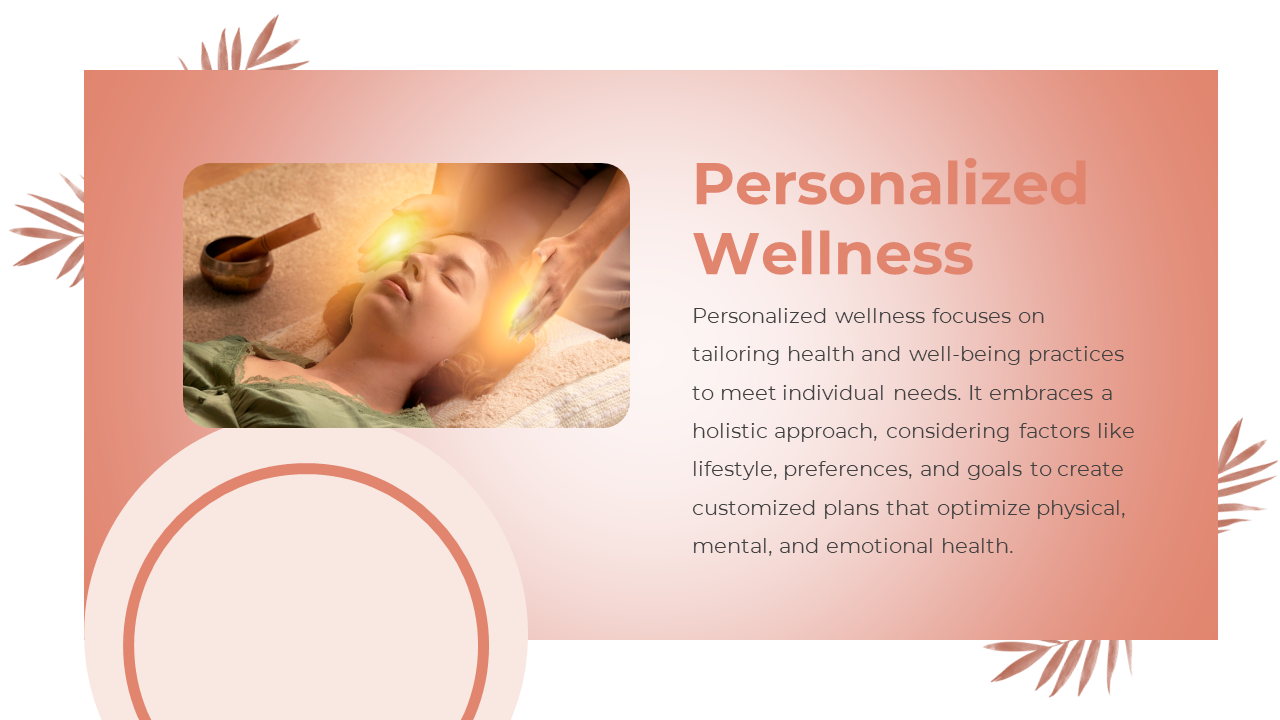 Personalized Wellness slide featuring a woman receiving energy healing, wellness description text, and botanical accents.