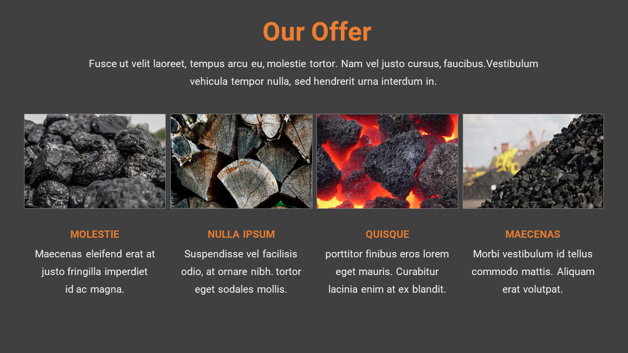 Our Offer slide showing four images coal lumps, chopped wood, burning coal, and a coal stockpile with industrial background.