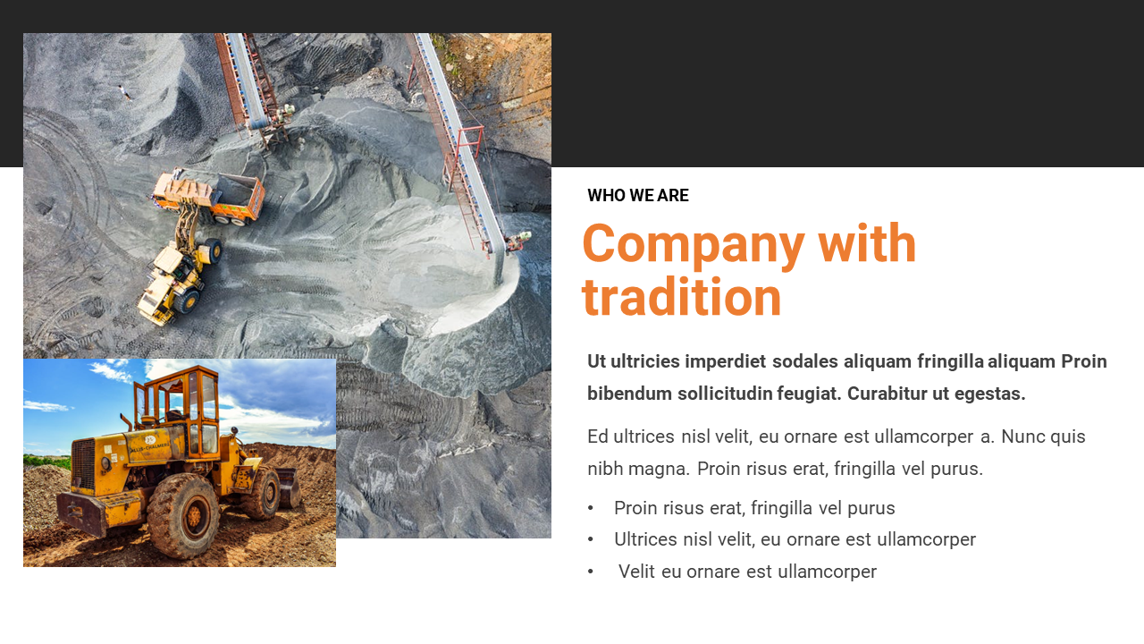 Company with Tradition title, mining site aerial photo, yellow loader image, and text highlighting company values.