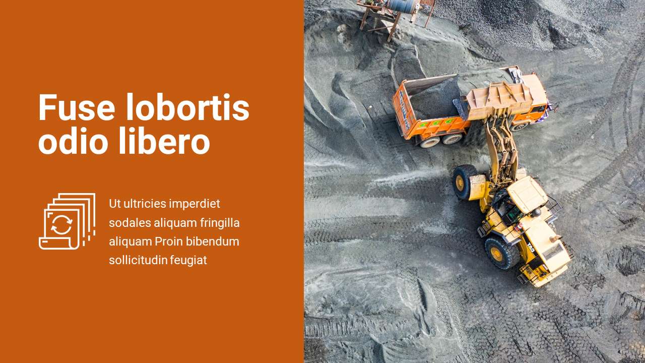 Mining slide showing heavy equipment loading gravel, alongside large white text on an orange block with a document icon.