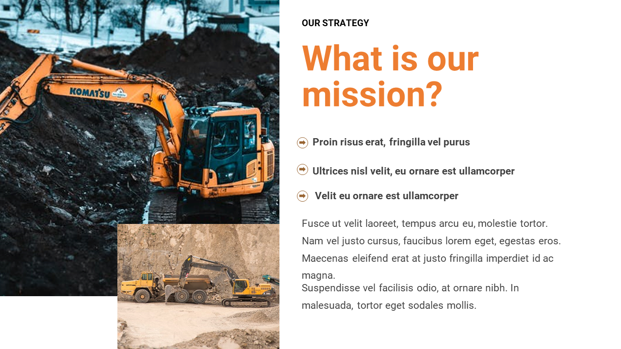 Mining mission slide featuring an excavator at a construction site and bold orange headline with three bullet icons.
