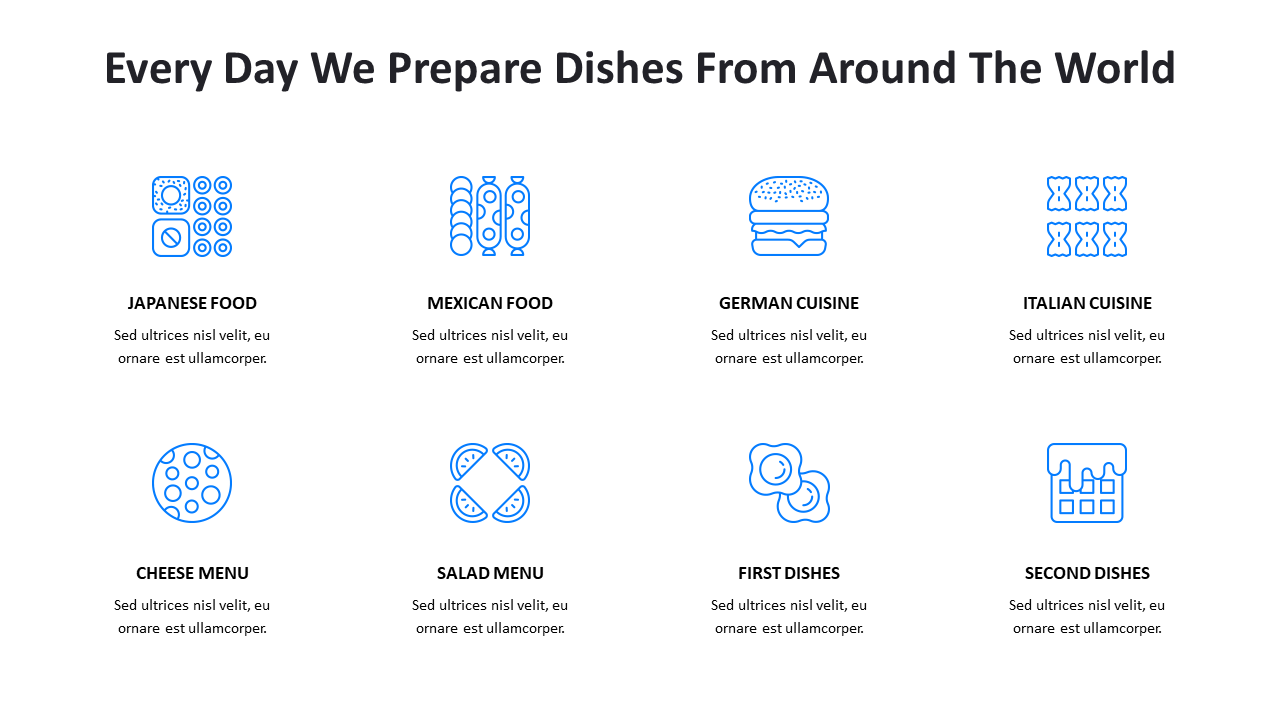 Slide with eight outlined food icons representing global cuisines like Japanese, Mexican, German, and Italian dishes.