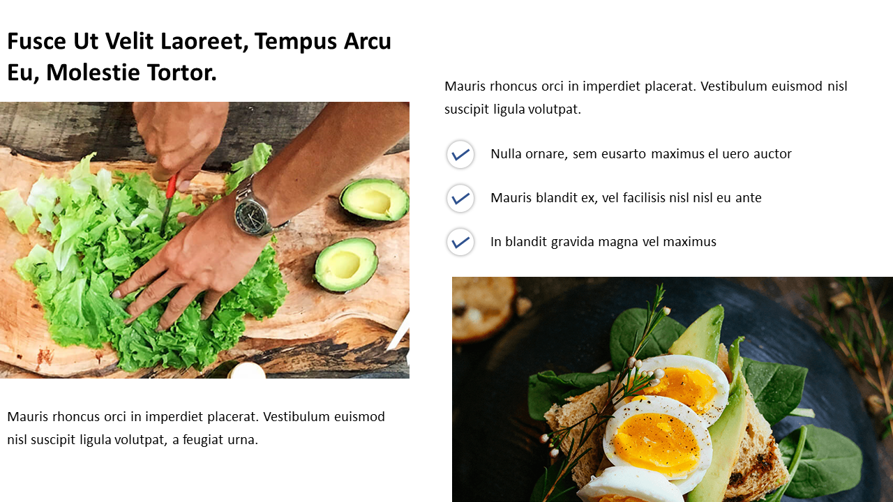Split layout with hands chopping lettuce on left, checklist points in center, and toast with egg and avocado on right.
