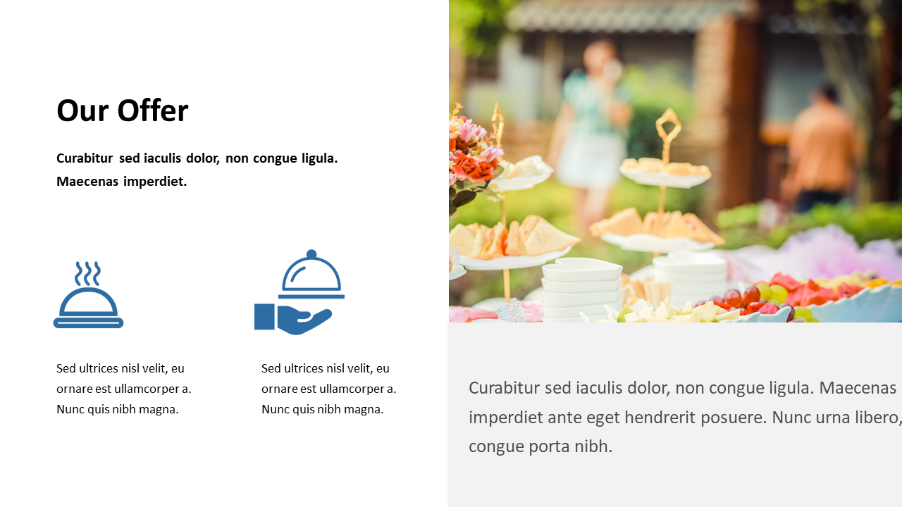 Split layout with food service icons and text on left, outdoor catering table with fruits and snacks on right.