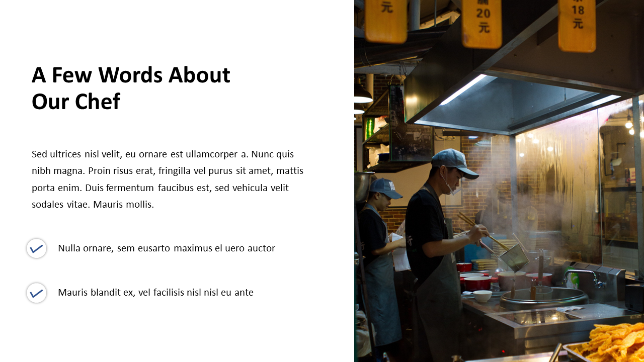 Chef preparing food in an open kitchen, with left side featuring a description and two checklist points about the chef.