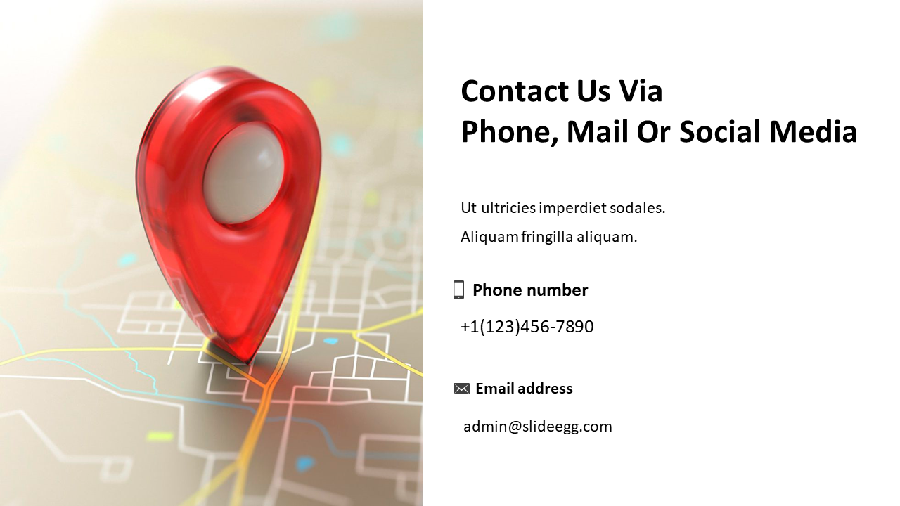 Contact information slide featuring a 3D red map pin on the left and phone and email details listed on the right.