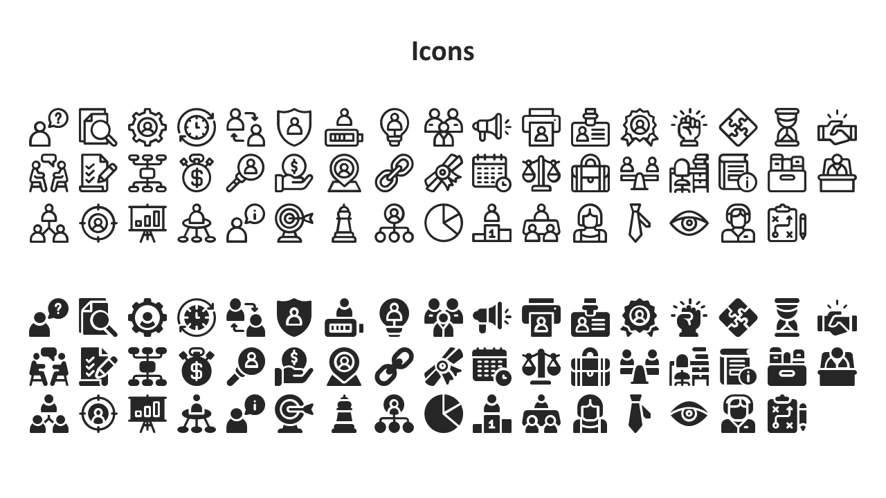 Two rows of business and teamwork icons in outlined and filled styles, featuring graphs, calendars, people, and briefcases.
