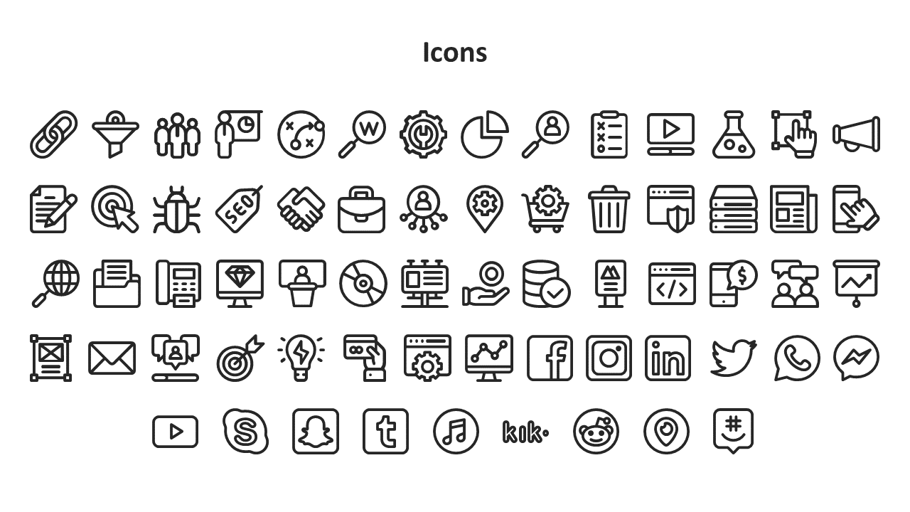 Grid of business, web, and app icons with elements like link, chart, server, megaphone, envelope, and social media badges.