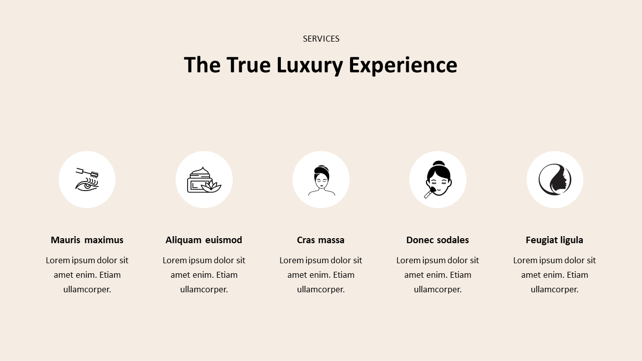 Service slide featuring five outlined icons in circles representing luxury beauty treatments with placeholder texts below.