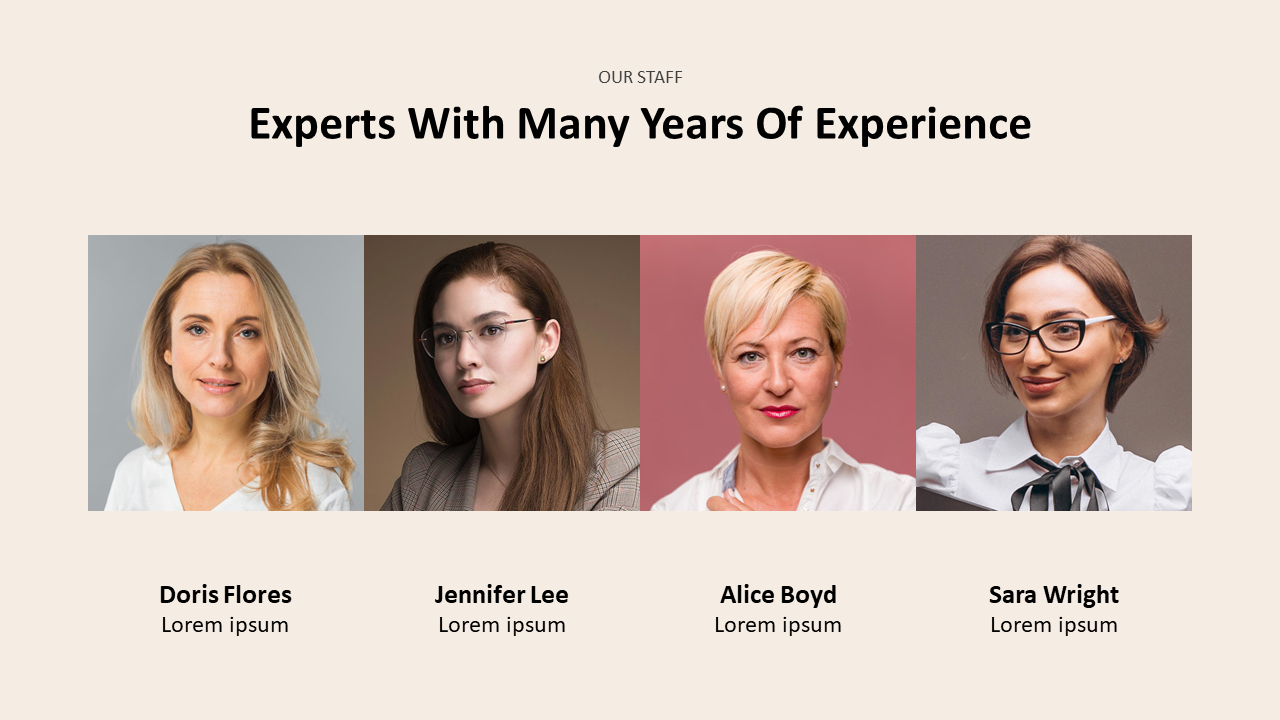 Four expert portraits in a row with names and subtitles below, framed on soft beige with bold heading above.