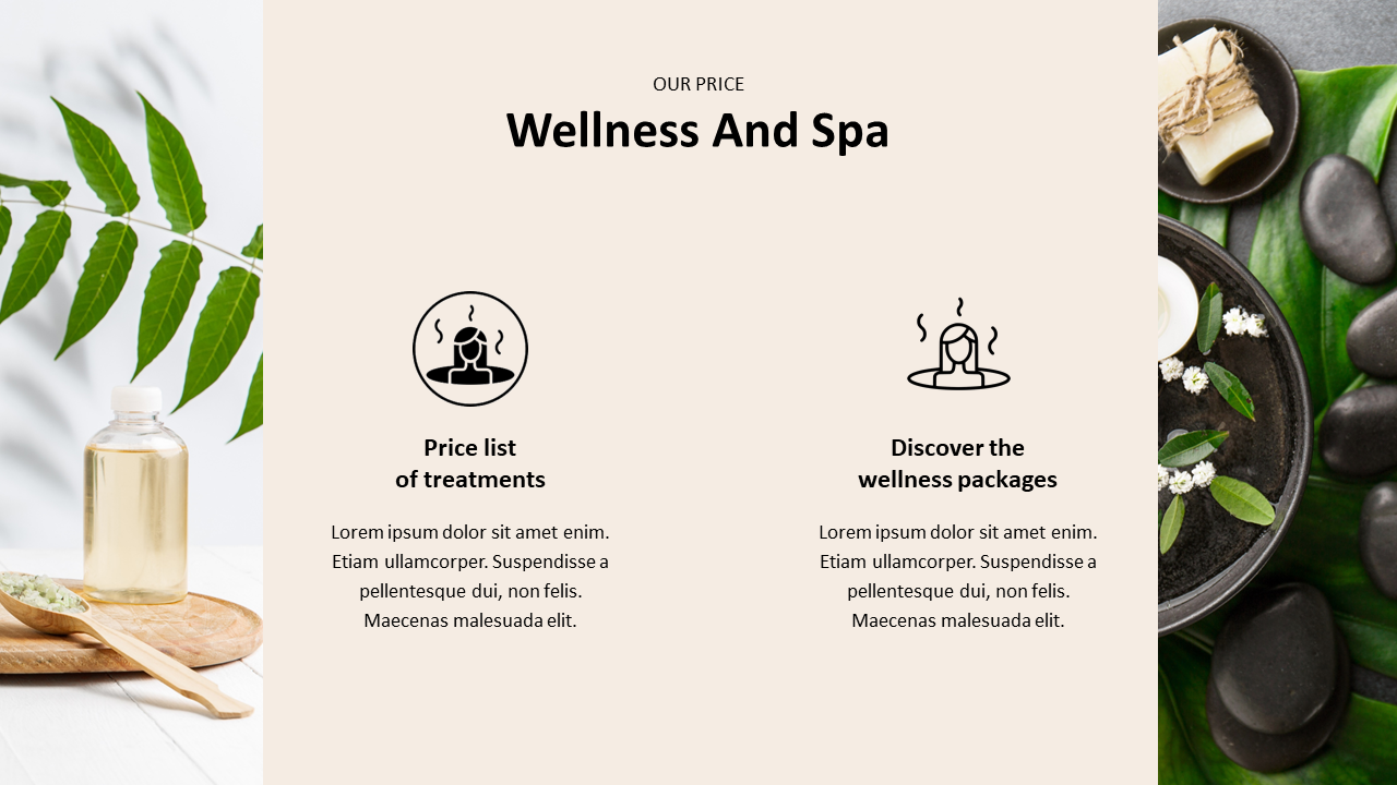 Beige spa slide with treatment and package icons in center, surrounded by natural elements like oil, soap, and stones.