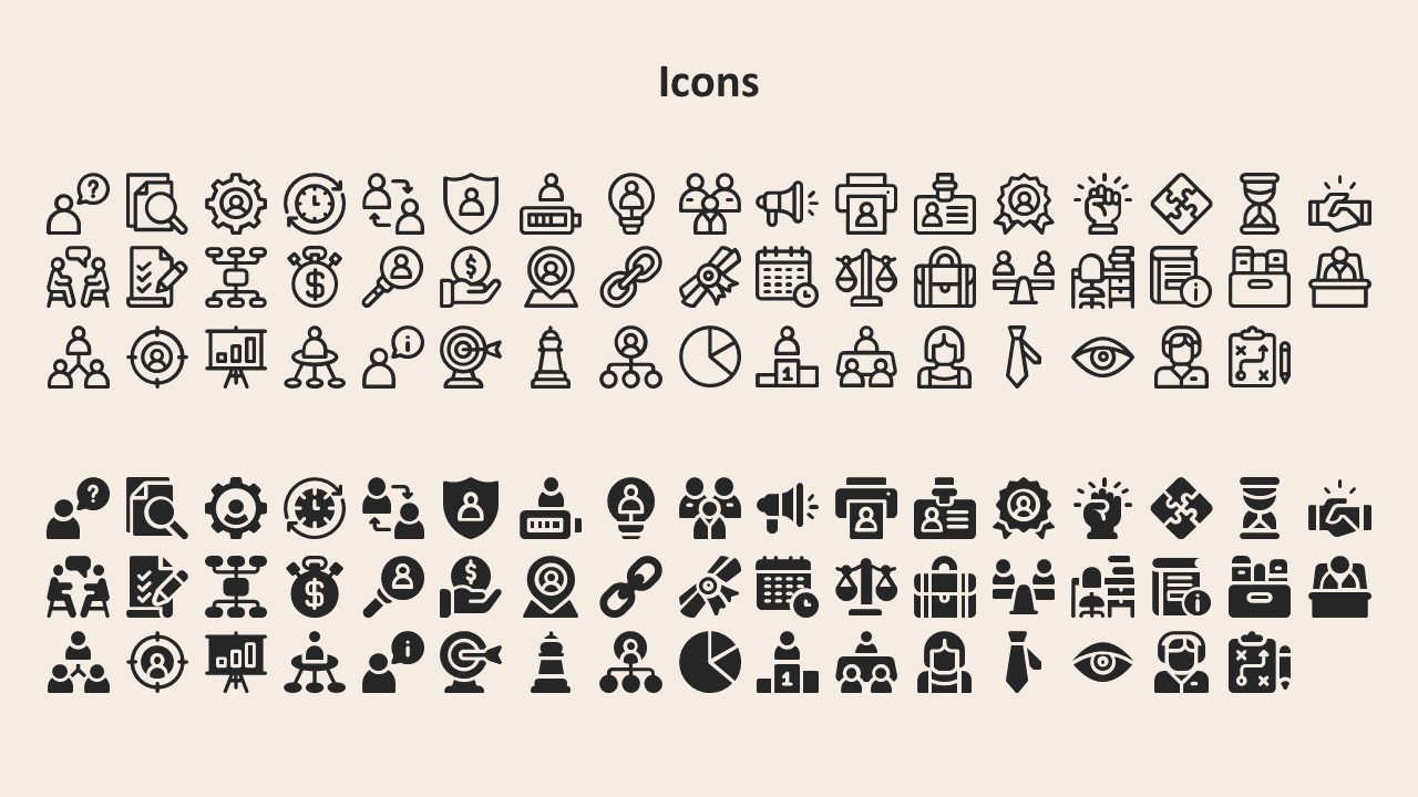 Icons slide featuring rows of outlined and filled business graphics, including gears, charts, magnifiers, and people icons.