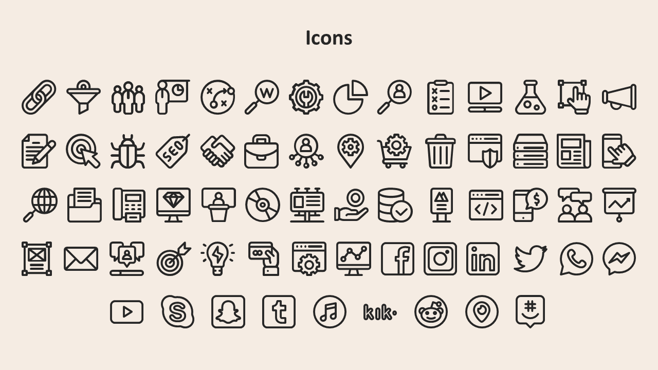 Collection of outlined icons including marketing tools, SEO symbols, tech devices, and social media logos on beige slide.