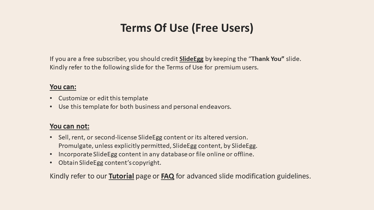 Beige terms of use slide for free users detailing what actions are allowed and restricted, with bolded sections for clarity.