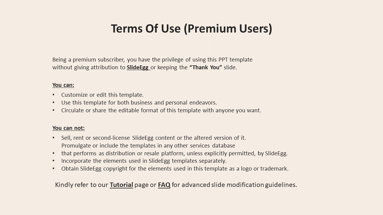 Beige terms of use slide for premium users outlining permissions and restrictions, with bolded sections and bullet points.