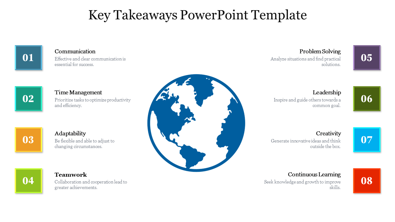 Business takeaway slide showing eight blocks around a blue globe, highlighting skills like teamwork and creativity.