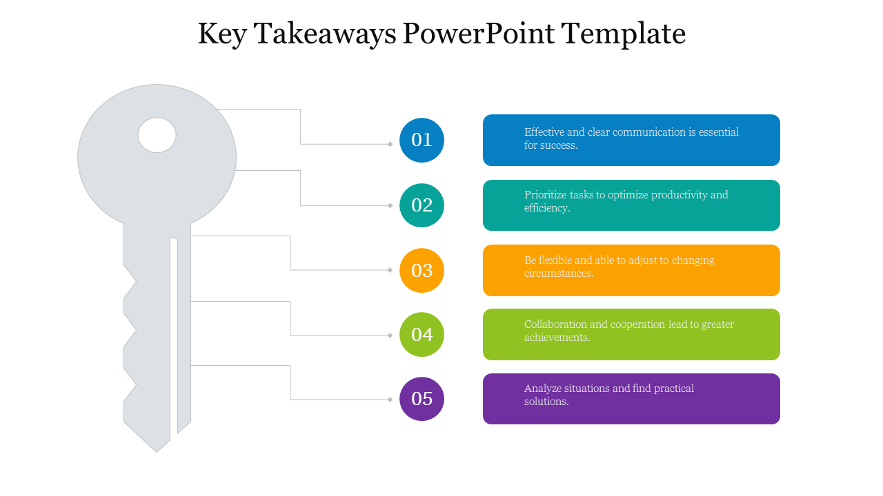 Key takeaway slide with a large gray key graphic on left and five colorful numbered blocks listing success tips on the right.
