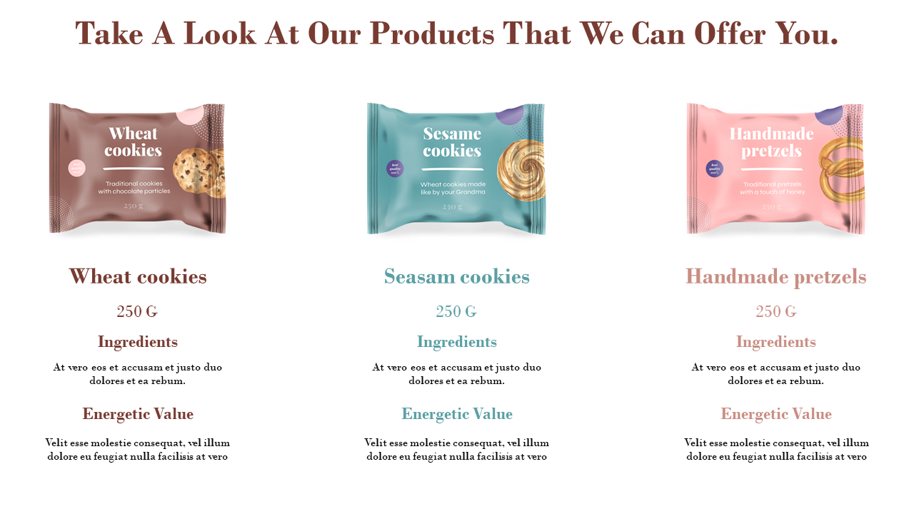 Product showcase slide with wheat, sesame, and pretzel cookie packs on top, with details listed below each pack.