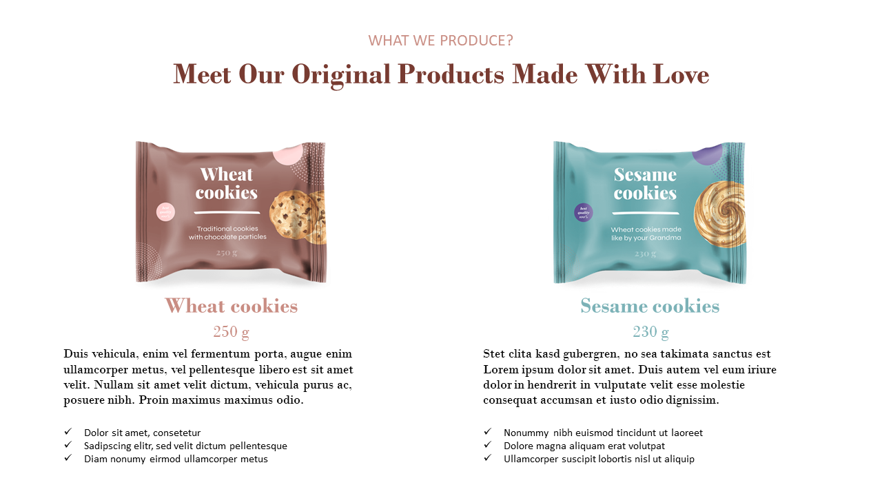 Wheat and sesame cookie packaging with detailed text blocks and feature lists shown in a split two column layout.