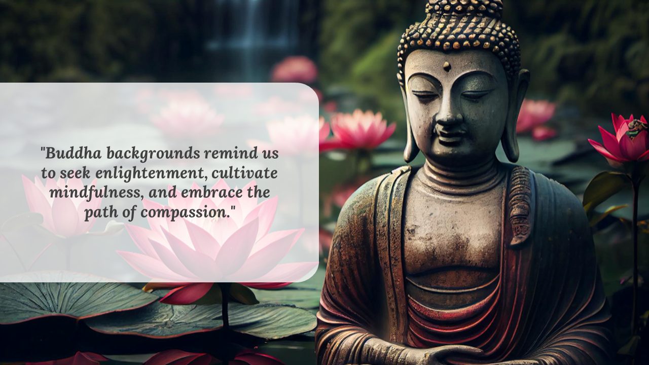 Peaceful Buddha figure seated near blooming lotuses, with soft focus flowers and waterfall backdrop behind a quote box.