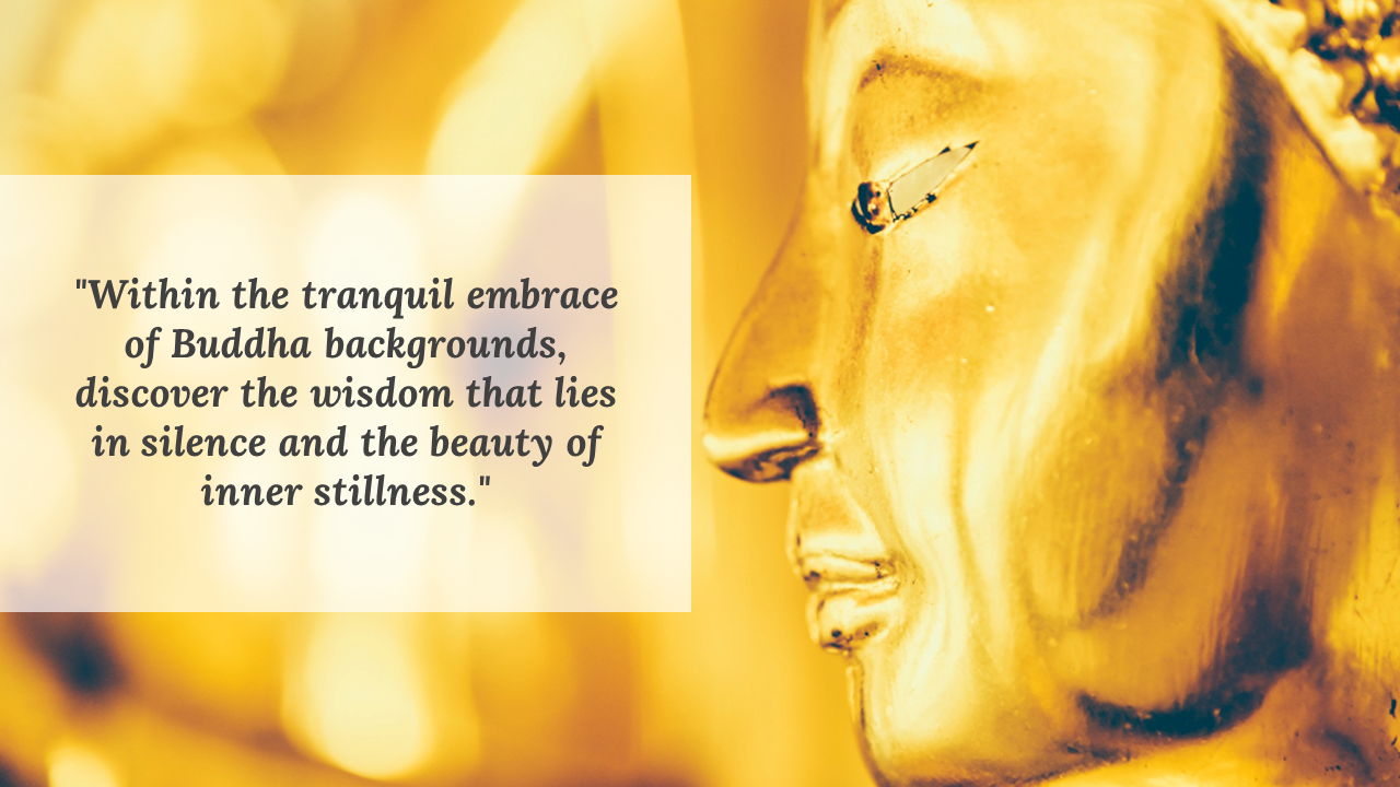 Golden side profile of a Buddha statue with a soft bokeh background, paired with a centered quote box on the left.
