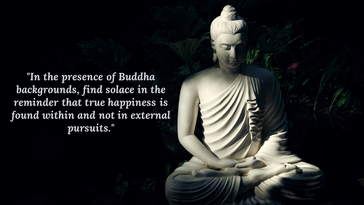 White Buddha statue in meditation pose under soft light, surrounded by dark greenery with a quote on the left side.