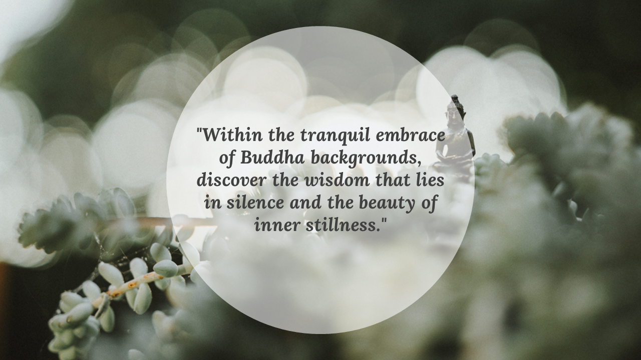 Small Buddha statue among soft-focus succulents with circular quote overlay centered against a dreamy bokeh background.
