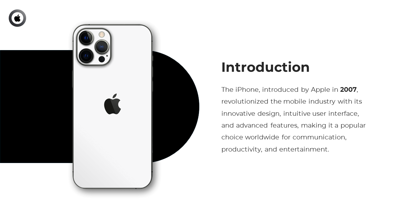 Introduction slide with back facing iPhone and paragraph highlighting Apple’s revolutionary 2007 launch and features.