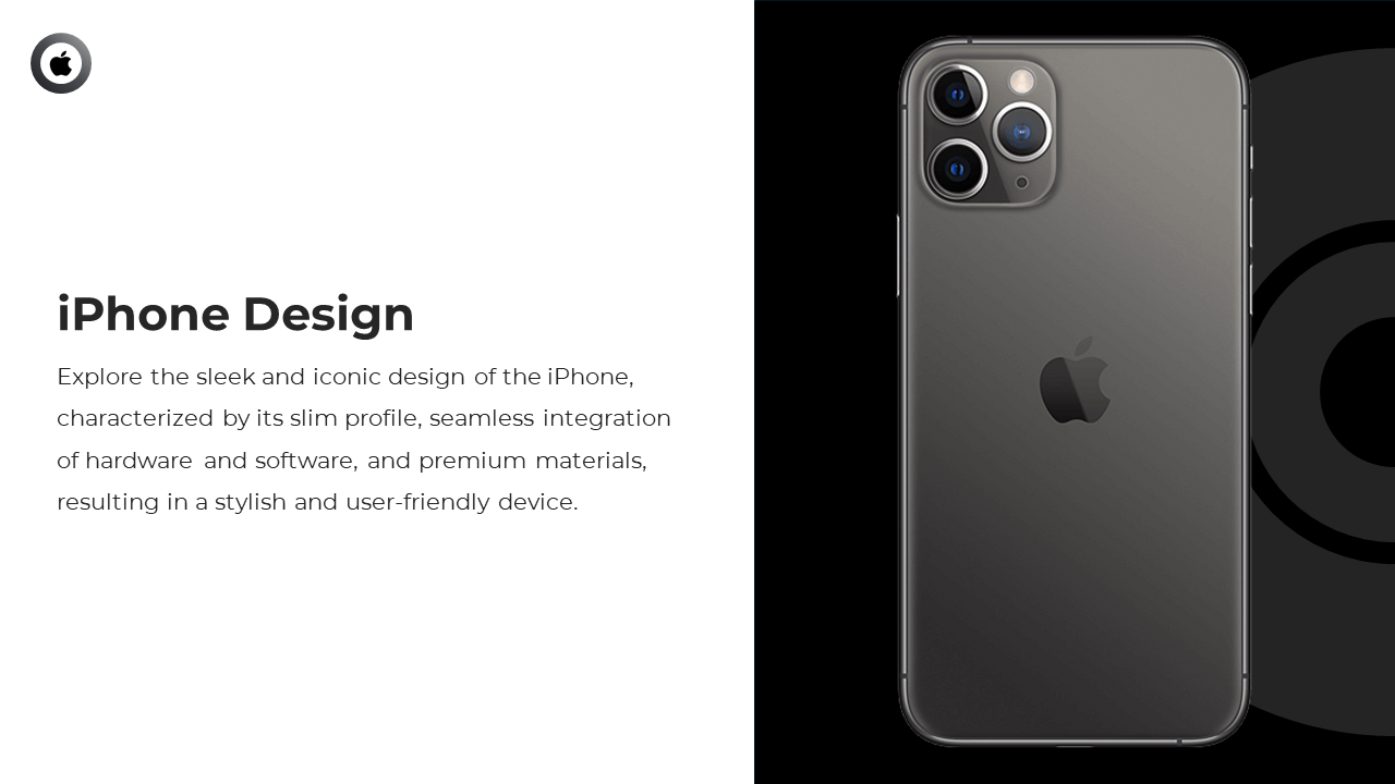 Slide featuring sleek black iPhone rear view on right and text on left describing the slim, design and material quality.