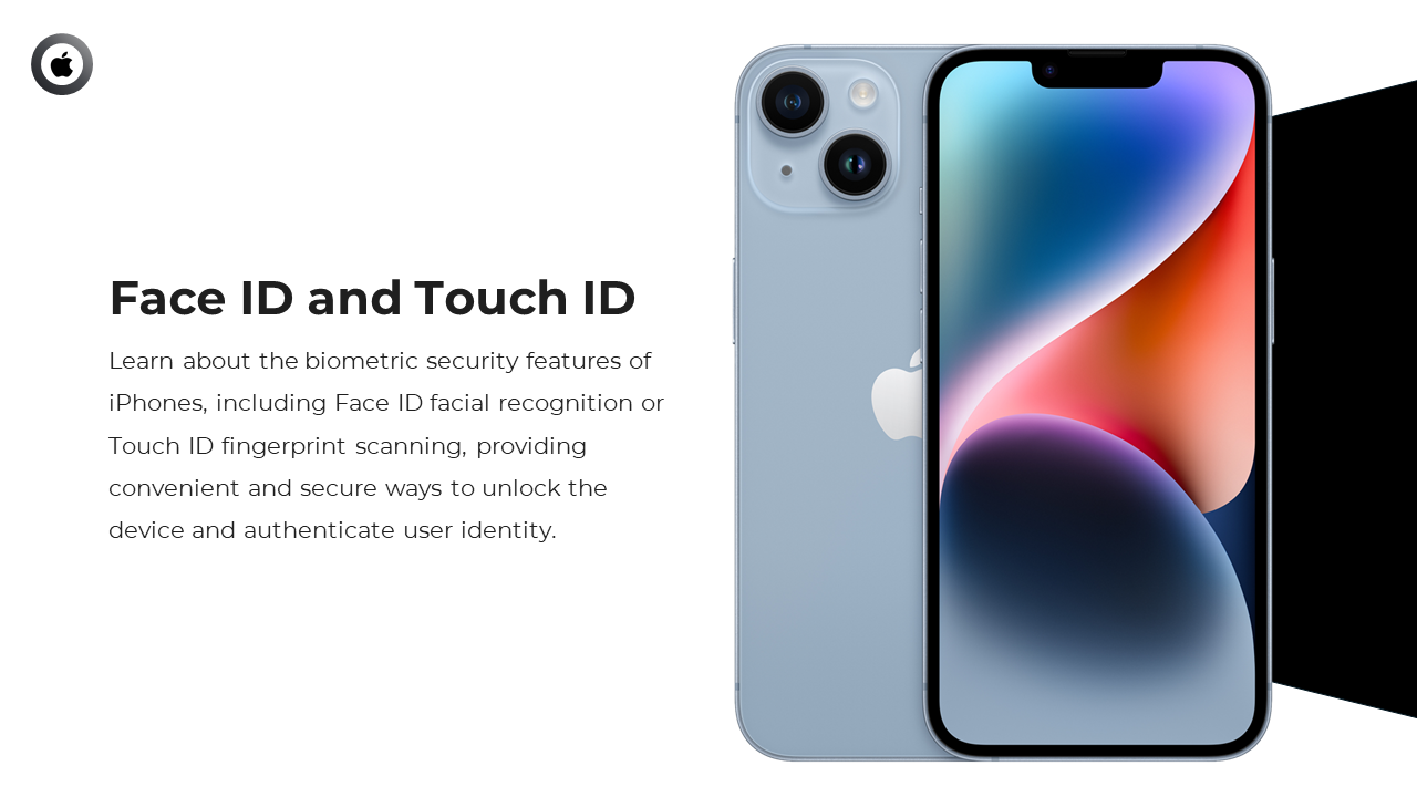 Slide with dual iPhones and Face ID and Touch ID section, describing biometric unlocking and user authentication.
