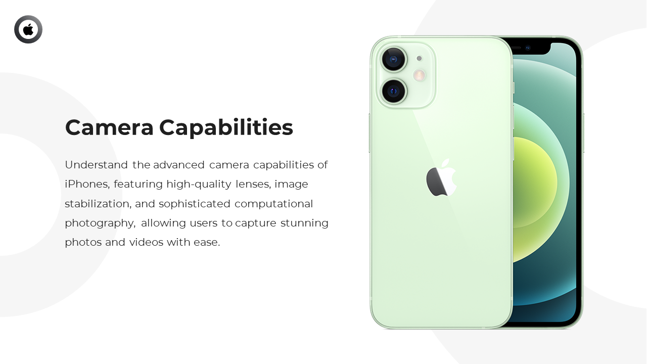 Slide showing iPhones with dual cameras beside a description of Apple’s advanced photo and video capture features.