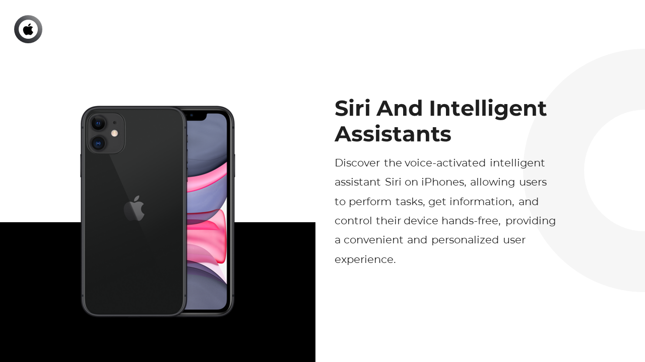 Slide with dual black iPhones beside paragraph highlighting Siri’s hands-free functionality and user convenience.